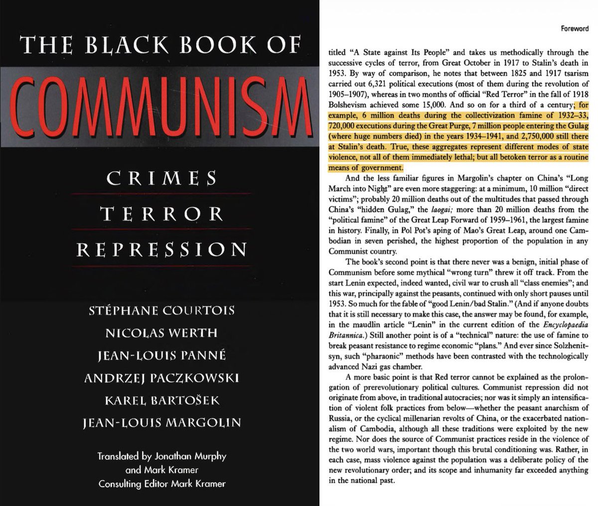Pepe733745533's tweet photo. The Black Book of Communism foreword details:

Tsarism 1825 to 1917: 6,321 political executions (most in 1905 to 1907 revolution).

Bolshevik Red Terror just 2 months in fall 1918: around 15,000.

Then for a third of a century under Stalin: 6 million deaths in 1932 to 33 collectivization famine, 720,000 Great Purge executions, 7 million entered the Gulag 1934 to 1941 (huge numbers died), 2,750,000 still there at Stalin’s death.

These were different modes of state violence, not all immediately lethal, but all show terror as routine government policy.

https://t.co/ckXw3J0GPp
