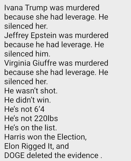 Michell33650674's tweet photo. In 2024, Trump kept saying that he "didn't need votes." Elon said he'd "go to prison" if Trump lost, and knew the election results 4 hours early. His 4 year old son said that Trump really wasn't the President, and "they'll never know." Russia sent bomb threats to more than 67 swing state election offices, in blue districts, on 11/05/24. On 12/30/24, Biden imposed sanctions on Russia and Iran for "election meddling." CIA whistleblowers say they participated in an audit that showed the election was rigged, and Harris won. Yet, the results weren't contested. Winning all 7 swing states at the rates Trump did was like winning the lottery 7 times in a row. Many Democratic votes weren't counted, and Harris' name was removed from the ballots in Rockland County, NY, spurring a lawsuit. In 2025, Trump stated on camera, at least 3 times, that the 2024 election was "rigged" for him, and thanked Elon for "knowing those vote counting computers." Elon posted that Trump and some GOP members of Congress "wouldn't have won" without him. His ex-girlfriend has now revealed text messages about how he used "space lasers" to rig the election. We all know that Musk owns Starlink, and we've been told it was used in the election. It was reported that several Starlink sattelites exploded within a week afterward. Yet, even knowing that Trump and the GOP are openly trying to rig 2026, our Democratic lawmakers haven't conducted an investigation into the 2024 election. None of them have ever said anything about it. I have no idea why. The truth will eventually come out. The Trump Regime and GOP pose a significant threat to America and its democracy. Even though Democrats hold a minority in Congress, they need to fight, tooth and nail, to SAVE us! THEY MUST FINALLY BREAK THE SILENCE! Urge them to! Help me spread this information!