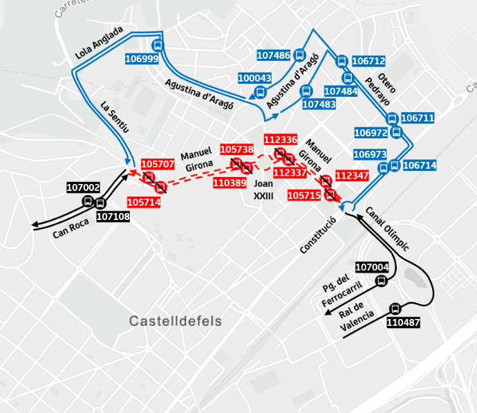 Inciden_Mob_AMB's tweet photo. 07/06 - Castelldefels: CF1 - CF2 - L95 - L96 - L97 Desviament provisional a Castelldefels afectant parades a causa de Processó de Corpus Christi @avanzaenBCN @AjCastelldefels https://t.co/m6ODOt4cdt https://t.co/nskoEYB7LU