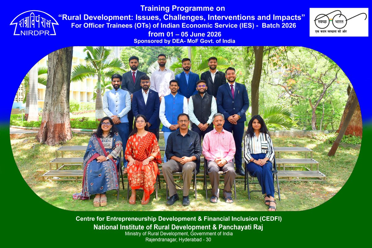 NIRDPR_India's tweet photo. @NIRDPR_India  conducted a Training Programme on “Rural Development: Issues, Challenges, Interventions and Impacts” for Officer Trainees of the Indian Economic Service (IES) – Batch 2026 from 01–05 June 2026. The programme provided insights into rural development policies, livelihoods, financial inclusion, and evidence-based interventions shaping rural transformation in India. 

#NIRDPR #IES #RuralDevelopment @MoRD_GoI  @mopr_goi