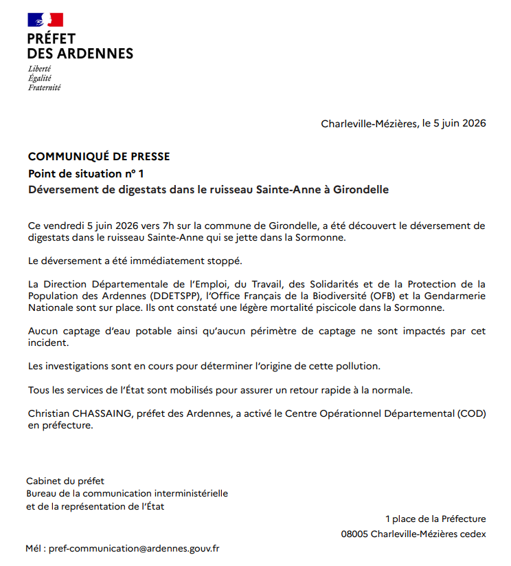 Image de Préfet des Ardennes : #information | ❗Communiqué de presse de Christian CHASSAING,  préfet des Ardennes : déversement de d