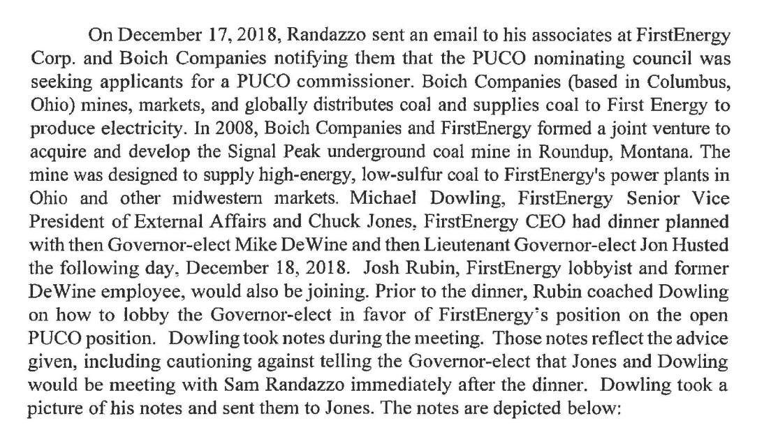cleantechfacts's tweet photo. Ohio Attorney General's reindictment of former FirstEnergy CEO Charles Jones and lobbyist Michael Dowling opens with a page 2 discussion of Jones and Dowling's December 2018 dinner with Governor-elect  Mike DeWine and Lt. Governor-elect Jon Husted https://t.co/spxsipUX9U https://t.co/u2j87LU8HC
