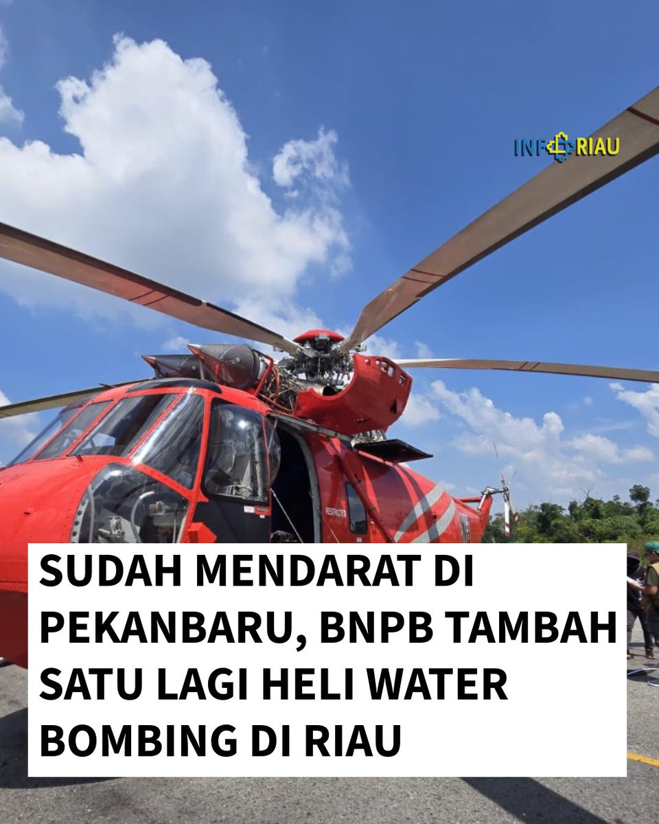 infoRIAU's tweet photo. Badan Nasional Penanggulangan Bencana (BNPB) kembali mengirimkan satu unit helikopter water bombing untuk mendukung operasi pemadaman udara di wilayah rawan kebakaran hutan dan lahan (karhutla) di Provinsi Riau.

#infoRIAU #KarhutlaRIAU https://t.co/UHR3BCCB8p