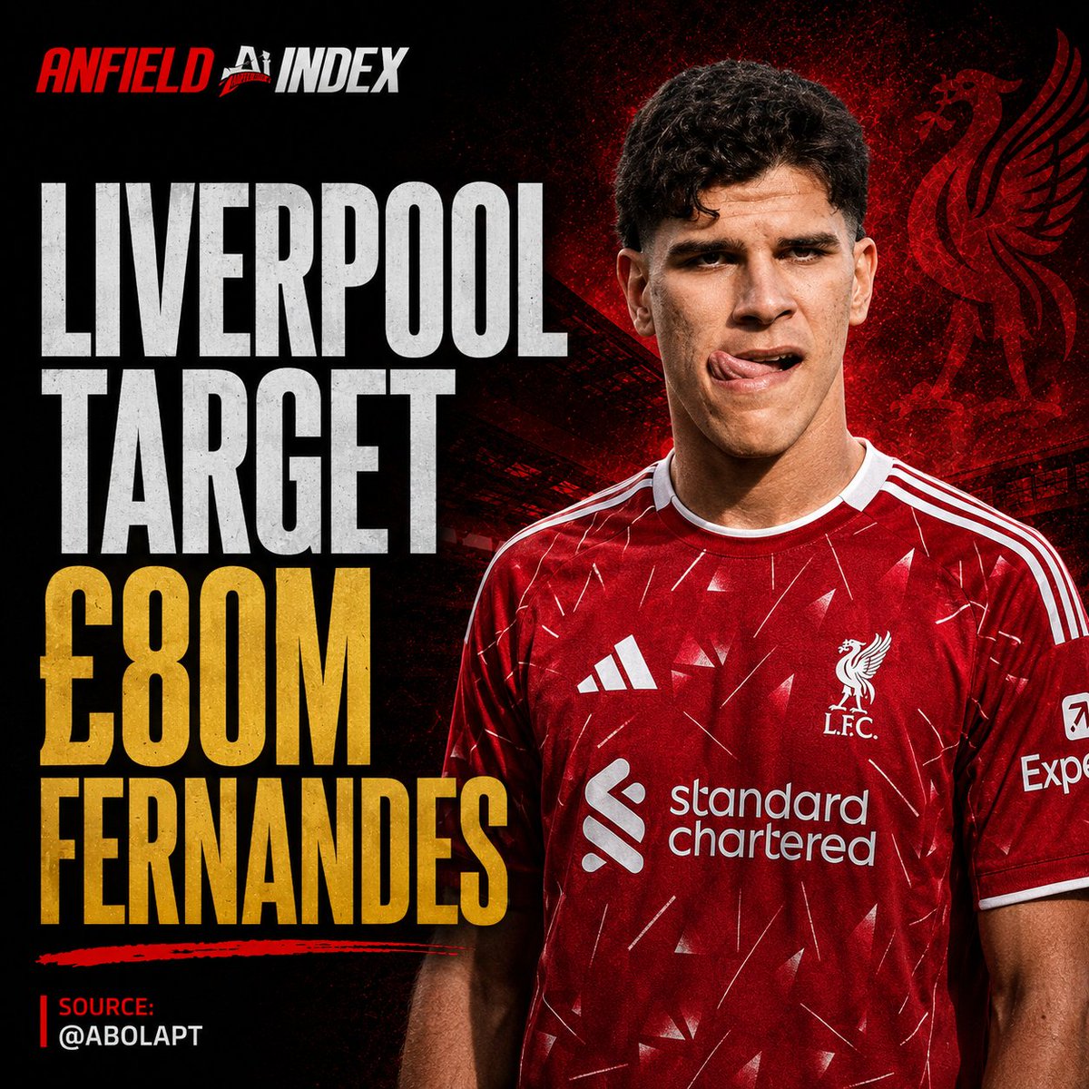 AnfieldIndex's tweet photo. 🇵🇹 Liverpool are reportedly set to rival Manchester United for Mateus Fernandes, with West Ham valuing the midfielder at around €80m (£68.3m), per @abolapt. https://t.co/bm8QQpF66r