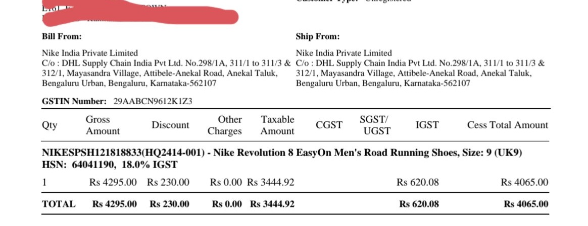 MuhammedAlif's tweet photo. @MyntraSupport Billed by nike, shipped by nike... Mail says brandseller donot handle it. Invoice bill is 4065 rs.... I paid 4318. #totaldisparity. @jagograhakjago @MyntraSupport @Nike @nikestore @Nikeindia1 https://t.co/gsM2WIXyih