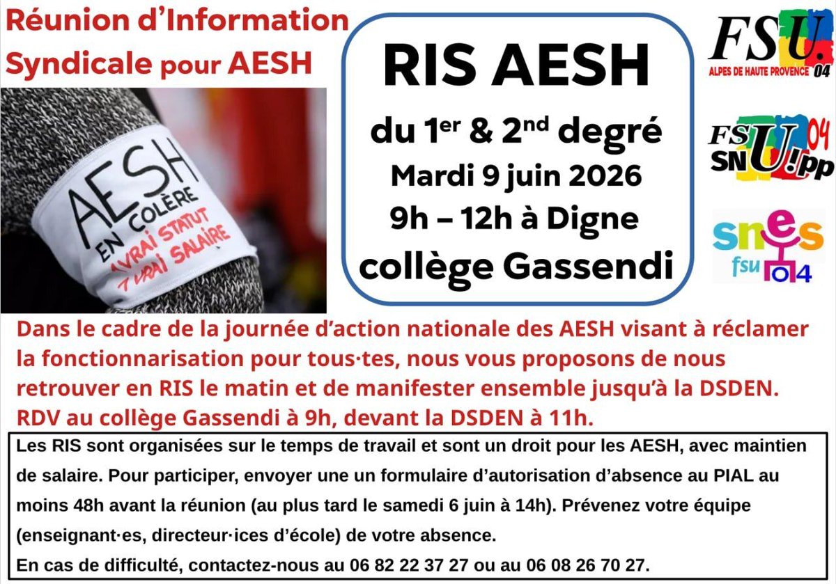 SNUipp04's tweet photo. Ce 9 juin aura lieu une grève AESH d'ampleur qui sera extrêmement suivie par le ministère. Il prévoit de faire rentrer dans la fonction publique 10% des AESH. Nous demandons le 100% de titularisation !

RIS possible pour ne pas perdre un jour de salaire 👉 https://t.co/Esg9mTr0A0 https://t.co/3XK3g9E177
