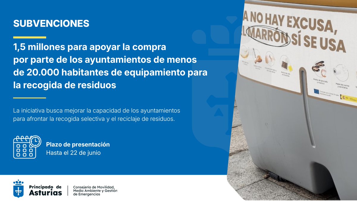 MovilidadAst's tweet photo. ♻ El Principado destina 1,5 millones para la compra de equipamientos de recogida de residuos por parte de las entidades locales.

📄El Bopa publica hoy estas subvenciones, dirigidas a concejos de menos de 20.000 habitantes. https://t.co/bxjz1clKUm