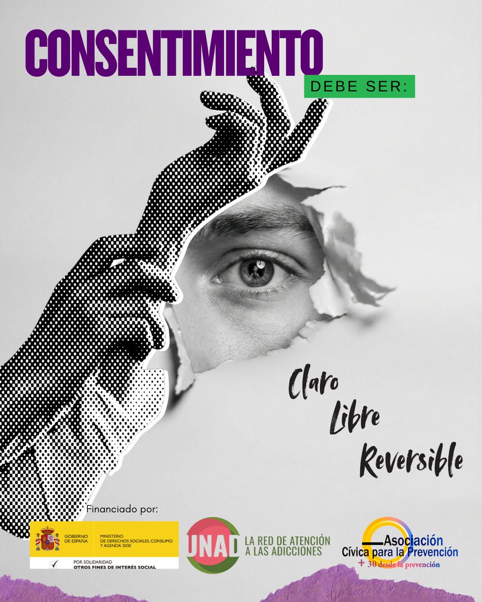 ACP_malaga's tweet photo. 💜 El consentimiento no es solo decir "sí".

Para que exista consentimiento, este debe ser:

✔️ Claro
✔️ Libre
✔️ Reversible

Con:
- Ministerio de Derechos Sociales Consumo y Agenda 2030 
- UNAD - La Red de Atención a las Adicciones https://t.co/kh8eqmmlIq