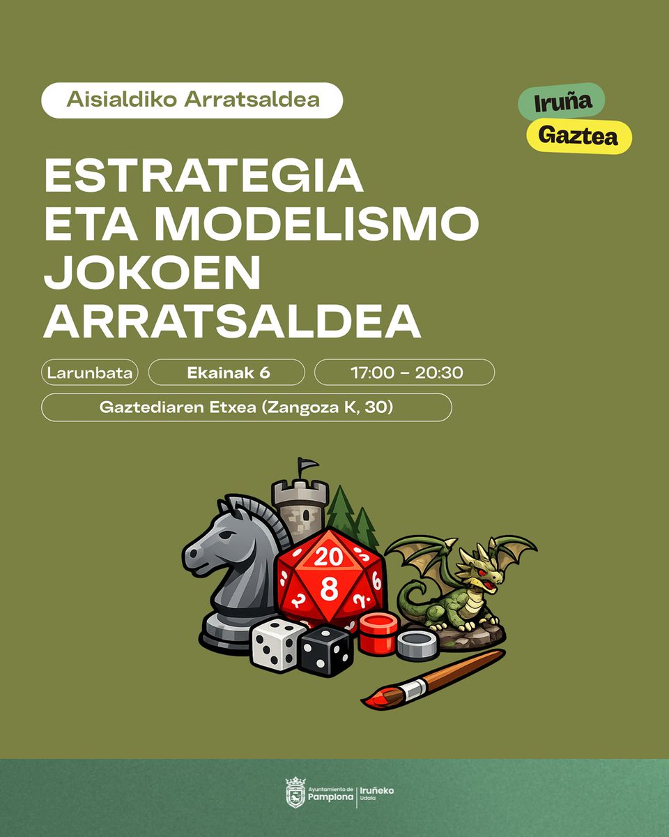Iruna_udala's tweet photo. 🎲 Gaztediaren Etxean estrategia-jokoekin eta modelismoarekin lotutako aisialdi-arratsaldea antolatu dute larunbaterako, eta lantegiak, txapelketak eta beste hainbat jarduera prestatu dituzte horretarako

🥳 17:00-20:30 eginen da

🔎INFO+: https://t.co/k5dcwm8SM1 https://t.co/GFsvXXPyCY