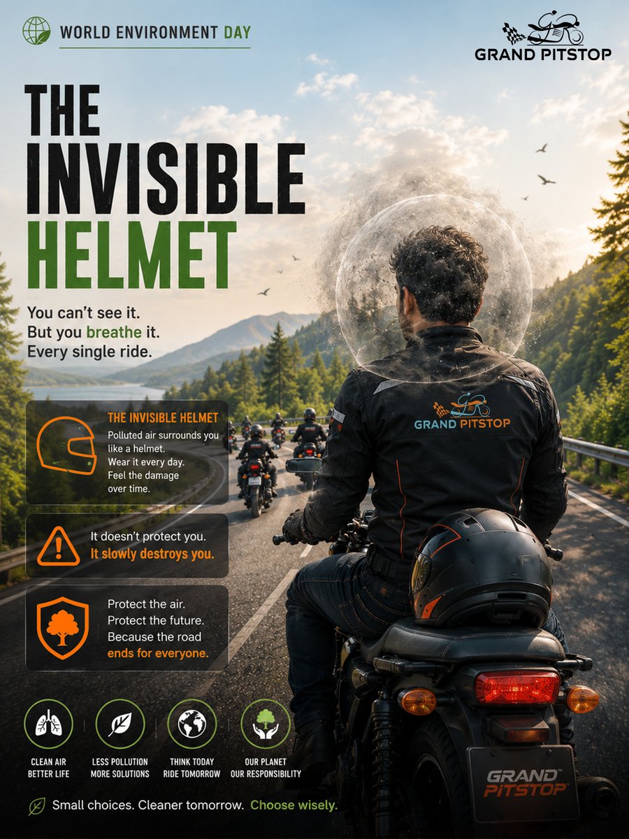 grandpitstop's tweet photo. This World Environment Day, let's make choices that protect the journeys of tomorrow. Ride responsibly.
Respect nature.Leave tracks worth following.Because the future of every ride depends on what we do today.
#WorldEnvironmentDay #RideForTomorrow #GrandPitstop #RideResponsibly https://t.co/zfkokiTCBy