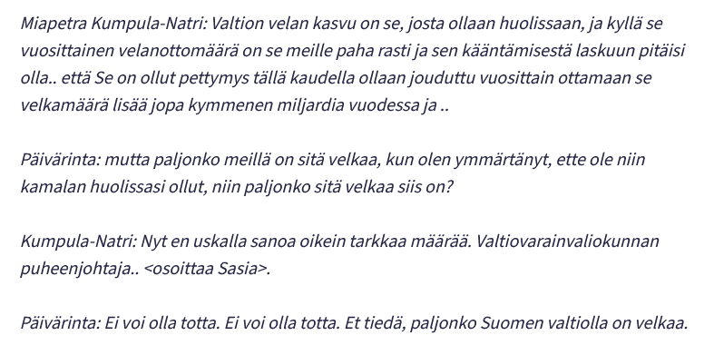 JMaha54's tweet photo. @suominen_stina Velkatalkoot-ohjelma 2014. Toimittaja: "Miapetra Kumpula-Natri, SDP:n kansanedustaja, ja hääräät myös siellä talousvaliokunnassa, paljonko Suomen valtiolla on velkaa?" Ja tyypillinen demarivastaus: https://t.co/fayAmARS6D
