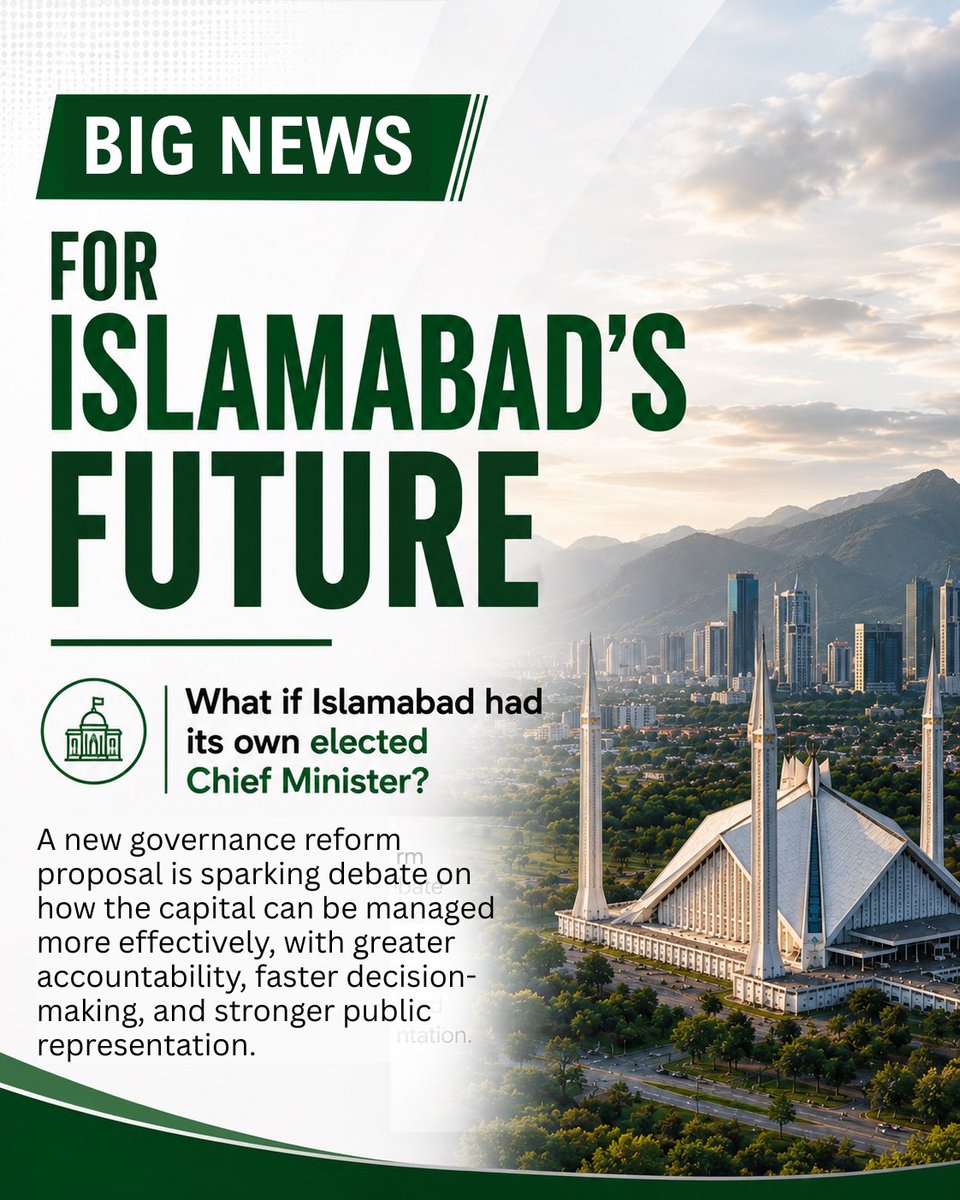 PlanComPakistan's tweet photo. BIG NEWS FOR ISLAMABAD 🇵🇰

A major governance reform proposal has been put forward that could redefine the future of Pakistan’s capital.

The proposal suggests introducing an elected Chief Minister for Islamabad, aiming to strengthen public representation, improve accountability, and accelerate decision-making for a rapidly growing city.

As Islamabad evolves into a modern metropolitan hub, the debate raises important questions about how the capital can be governed more effectively to meet the needs of its citizens.

Read the full story here: https://t.co/srTElqpEea

#Islamabad #GovernanceReform #PublicPolicy #LocalGovernment #Pakistan @betterpakistan @thenews_intl @TheNews