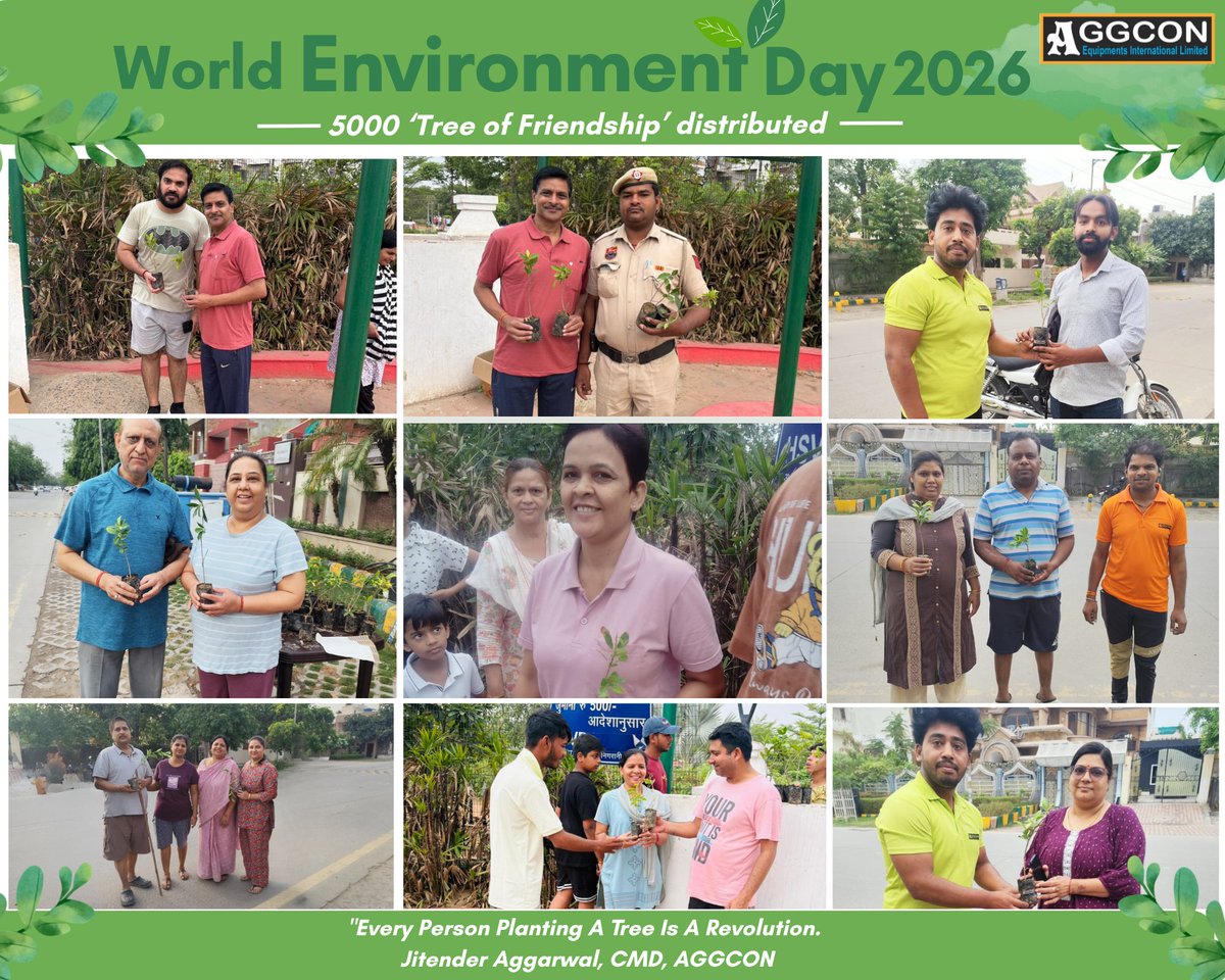 AGGCONEQUIPMENT's tweet photo. On the occasion of World Environment Day 2026, AGGCON distributed 5,000 "Trees of Friendship" to citizens, communities, and stakeholders as part of our commitment to a greener and healthier planet.

The Tree of Friendship Mission, founded by Mr. @1975Jitender Aggarwal in 2023, was envisioned with a simple yet powerful purpose, to inspire people to plant trees, nurture nature, and contribute towards healing the Earth and the environment.

What started as a mission has now become a movement. In just three years, the initiative has facilitated the plantation of over 2.5 lakh trees across India, including at numerous project sites where AGGCON is actively working.

#WorldEnvironmentDay #Sustainability #PlantTrees #Infrastructure #ViksitBharat #EquipmentRental