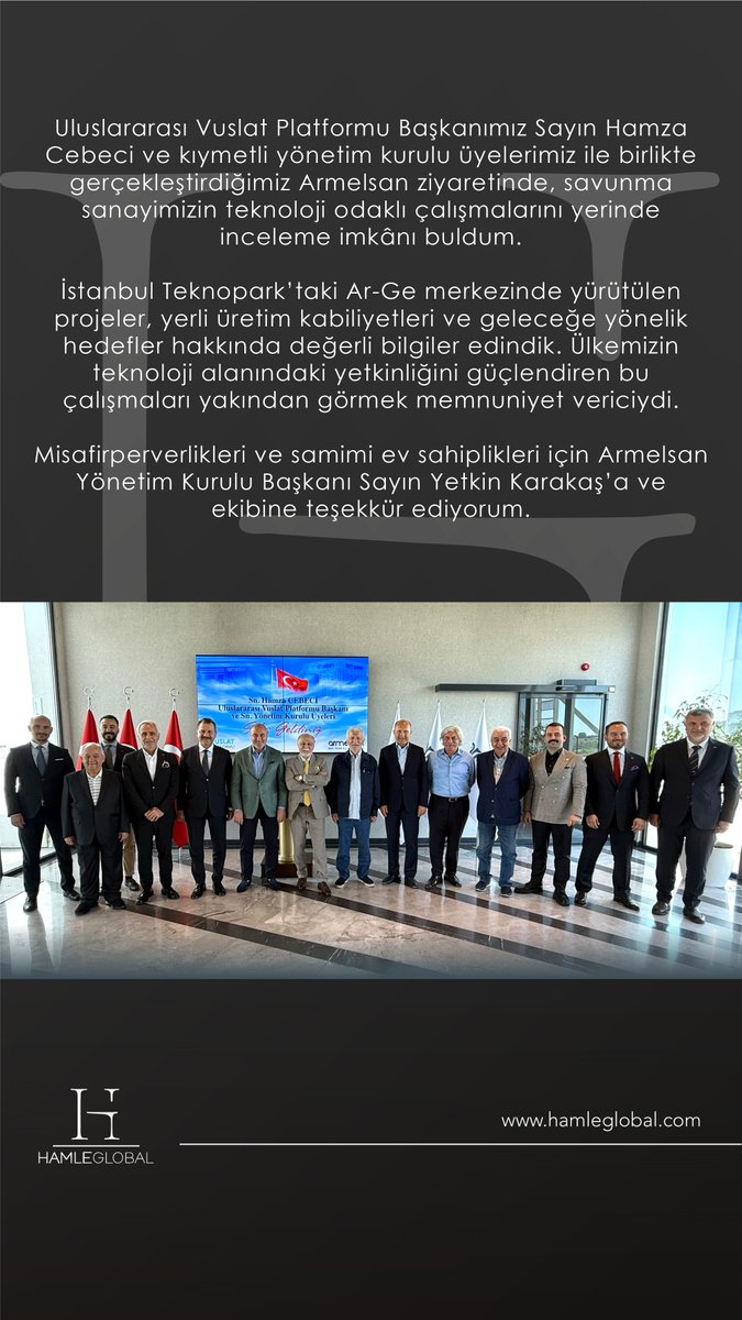 Fuat_Kulacoglu's tweet photo. Uluslararası Vuslat Platformu Başkanımız Sayın Hamza Cebeci ve kıymetli yönetim kurulu üyelerimiz ile birlikte gerçekleştirdiğimiz Armelsan ziyaretinde, savunma sanayimizin teknoloji odaklı çalışmalarını yerinde inceleme imkânı buldum.  

İstanbul Teknopark’taki Ar-Ge merkezinde yürütülen projeler, yerli üretim kabiliyetleri ve geleceğe yönelik hedefler hakkında değerli bilgiler edindik. Ülkemizin teknoloji alanındaki yetkinliğini güçlendiren bu çalışmaları yakından görmek memnuniyet vericiydi.  

Misafirperverlikleri ve samimi ev sahiplikleri için Armelsan Yönetim Kurulu Başkanı Sayın Yetkin Karakaş’a ve ekibine teşekkür ediyorum.