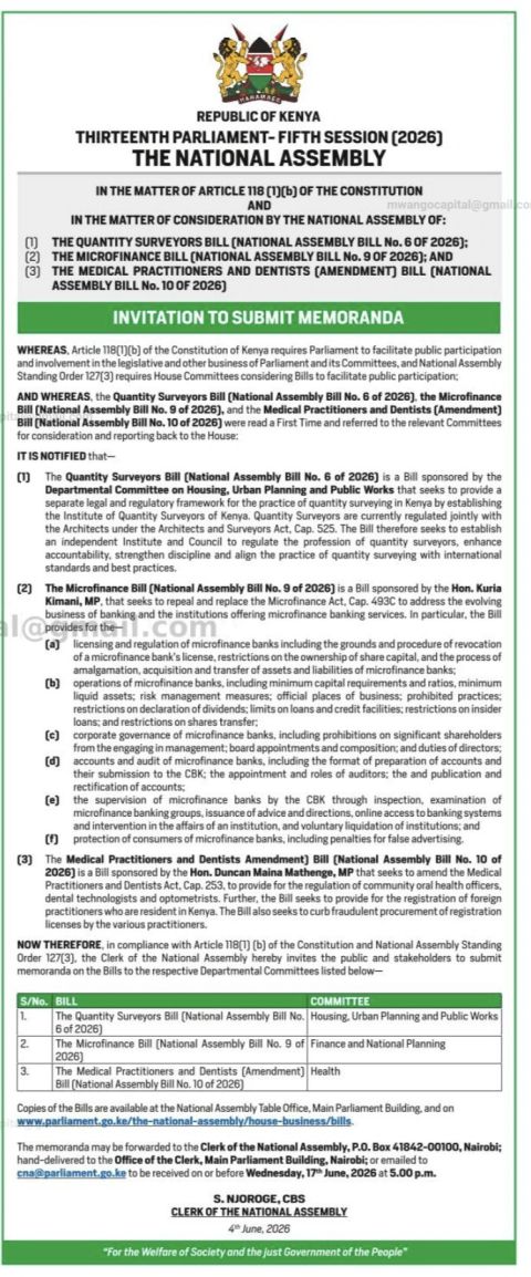 ndaragwa1's tweet photo. Invitation for Public Participation: Have Your Say on Key Bills Before Parliament https://t.co/GuHMDm2c9u https://t.co/OfIaVGGAfJ