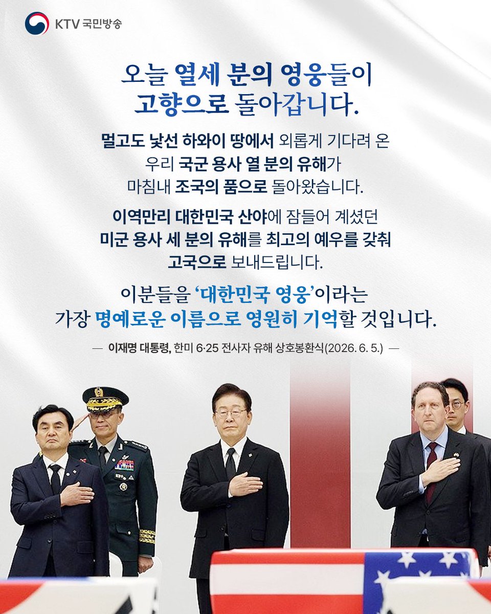 Mylife_KTV's tweet photo. 76년의 시간을 지나
마침내, 고국의 품으로

이재명 대통령은 5일, ‘한미 6·25전사자 유해 상호봉환식’에 참석했습니다. 오늘 행사는 그동안 미국 하와이에서 진행되어 온 유해 상호봉환식을 처음으로 한국에서 진행하는 뜻깊은 자리이기도 했습니다.

미국 하와이에 안치돼 있던 국군 전사자 유해 10구가 대한민국으로 돌아왔고, 대한민국에 잠들어 있던 미군 전사자 유해 3구는 미국으로 봉송됐습니다.

특히 국군 전사자 유해를 실은 수송기는 KF-21과 F-35A 전투기의 엄호 속에 대한민국 영공을 지나 귀환해 영웅들을 향한 최고의 예우를 갖추었습니다.

이 대통령은 “오늘은 한미 양국이 함께 피땀 흘려 굳건히 지켜낸 이 대한민국에서 최초로 한미 6·25 전사자 유해를 상호 봉환하는 뜻깊은 자리”라고 말하며 이번 봉환식의 의미를 되새겼습니다.

이어 “영웅들을 온전히 고향의 품으로 돌려보내는 일이야말로 살아남은 우리가 해야 할 역사적 책무라고 믿는다”라고 밝히며 끝까지 6·25전사자를 기억하겠다는 국가의 책임을 강조했습니다.

상호봉환식에서 국군 전사자 유해에는 ‘무명 군번줄’을, 미군 전사자 유해에는 ‘아리랑 스카프’가 수여됐습니다. 각각 이름과 가족을 찾아주겠다는 의지와 함께 헌신에 대한 감사의 뜻을 담고 있습니다.

“나라를 위해 청춘을 바치고, 자유와 평화를 위해 자신을 내어주신 분들을 끝까지 기억하고 예우하는 것, 그것이 국가가 마땅히 해야 할 도리이며 국가의 존재 이유”라고 말한 이 대통령은 유해 발굴에 최선을 다할 것을 약속했습니다.

오늘 우리가 누리는 자유와 평화는
이름 없는 영웅들의 희생 위에 세워진 역사입니다.

대한민국은
그 희생을 끝까지 기억하겠습니다.

📍‘한미 6·25전사자 유해 상호봉환식’의 더 자세한 내용은 #KTV이매진에서 확인하세요.
➡️ https://t.co/TWZ8Orda86

#이재명대통령 #625전쟁 #유해봉환식 #한미동맹 #국군전사자 #참전용사 #호국보훈 #대한민국 #KTV국민방송