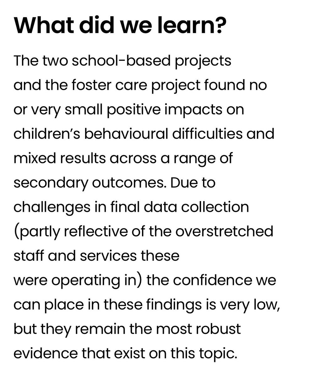 tombennett71's tweet photo. Trauma Informed Practice is extremely common in school discourse, particularly around behaviour. But it’s another area where extreme caution is advised, because the evidence for its effectiveness is still very thin. It *sounds* right (who wouldn’t want to be ‘trauma informed’?) but that doesn’t mean it works. 

A recent study funded by the @YouthEndowFund and the Home Office looked at the connection between TIP and children's behaviour and involvement in crime.