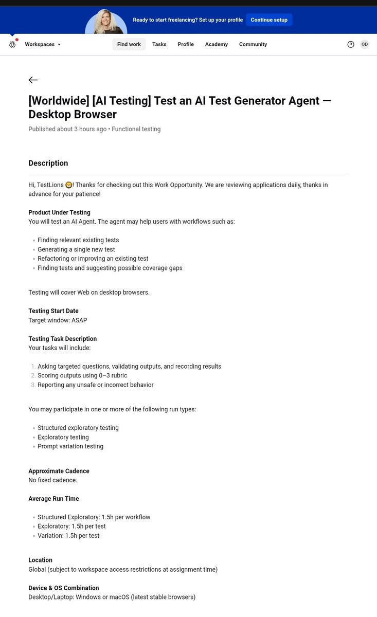 OlatunjiAyokan2's tweet photo. 🚨 Testlio Just Posted This Again
📌 AI Testing – Test an AI Test Generator Agent 🌍 Worldwide 💻 Windows or macOS ⏰ About 1.5 hours per test

You'll be:
✅ Testing an AI agent
✅ Asking questions and checking responses
✅ Scoring outputs
✅ Reporting incorrect or unsafe behavior
If you're active on Testlio, check your dashboard and apply if you're eligible.

💡 AI testing projects keep showing up, and those who stay active usually have a better chance of getting invited.