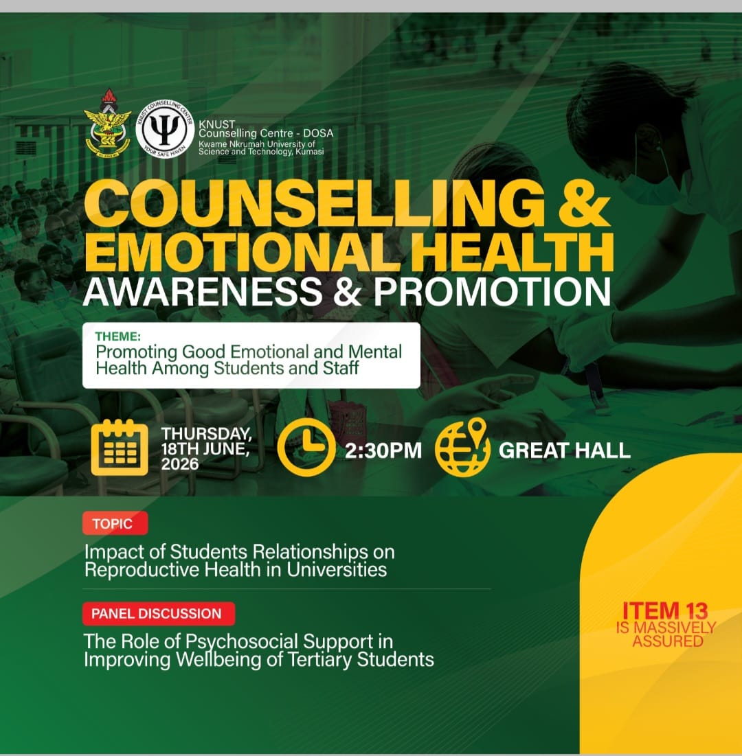 knust_kcc's tweet photo. Join us for the Counselling &amp; Emotional Health Awareness and Promotion Program.

📅 Thursday, 18th June 2026
🕝 2:30 PM
📍 Great Hall, KNUST
Theme: Promoting Good Emotional and Mental Health Among Students and Staff https://t.co/98TIuoKYtb