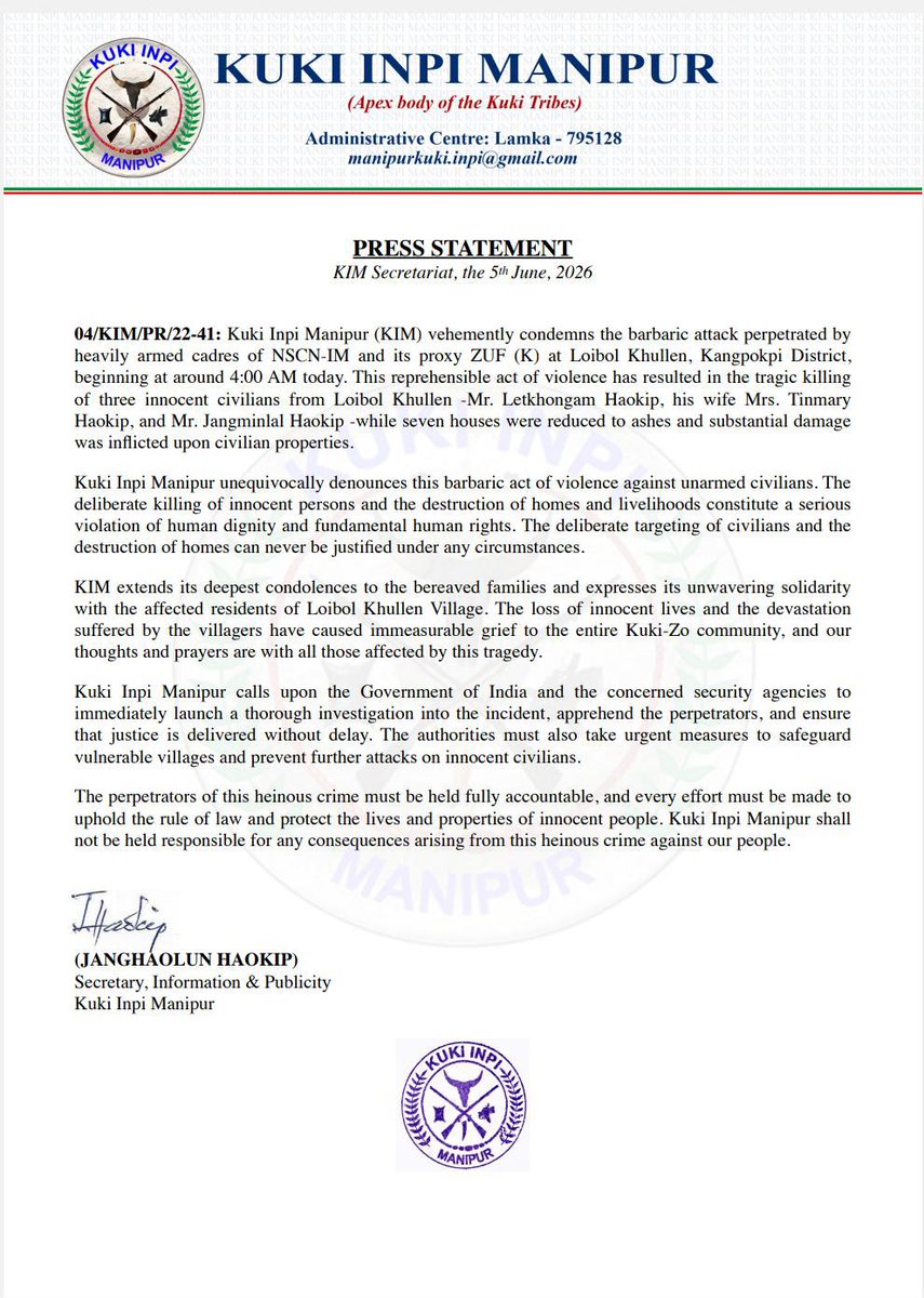 KSO_Hyderabad's tweet photo. 📍 MANIPUR 

Kuki Inpi Manipur, Apex body of the Kuki community condemned the barbaric attack that claimed the lives of three innocent Kuki civilians on 5/06/2026 at #Loibol Khullen Kuki Village in Kangpokpi District, Manipur. 

The barbaric attack was carried out by #Tangkhul militant NSCN-IM and it's proxy outfit ZUF-K(Kamson) group.

#TangkhulMilitants
#ZUFproxyoutfit
#Kukilivesmatter
#JusticefotInnocentVillagers

@Kuki_Inpi 
@KSOGHQ