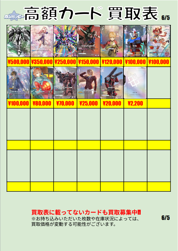 gunhappy_tcg's tweet photo. 【🚀高額カード買取強化中🚀】

「まだだ！高騰はまだ終わらんよ！」

ガンハッピーでは現在、
プロモカード・高額カードの買取額を大幅強化中です🔥
CSプロモ
ニュータイプチャレンジプロモ
β版パラレル
各種高額カード大歓迎！

高額カードを売るならぜひガンハッピーへ🙌
皆様のお持ち込みをお待ちしております！
