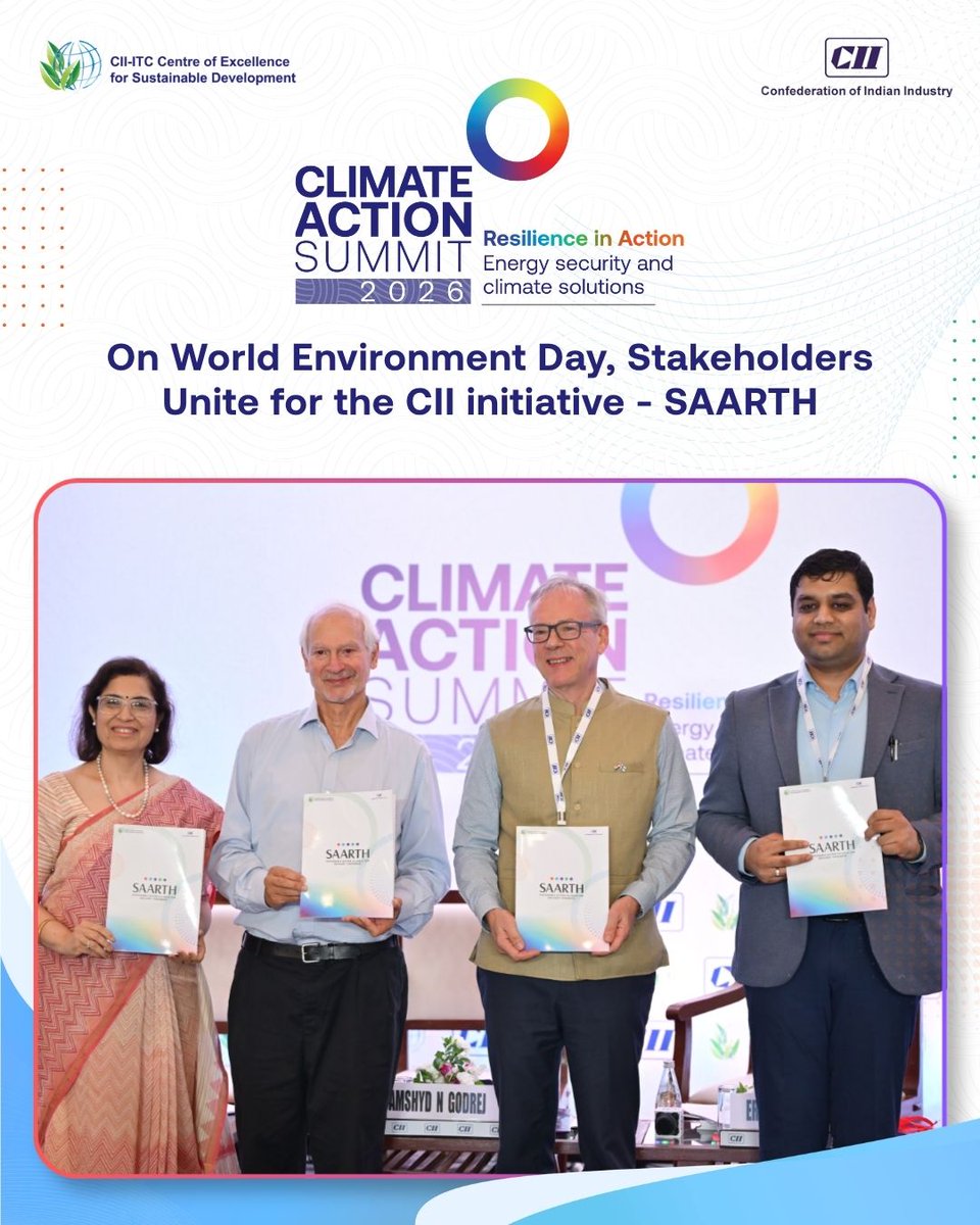 ciicesd's tweet photo. At the inaugural #CIIClimateActionSummit, @CIICESD launched SAARTH (Sustainable Action Alliance for Resilient Tomorrow), a multi-stakeholder coalition focused on accelerating climate resilience, adaptation, and preparedness across sectors.  

SAARTH aims to bring together industry, MSMEs, governments, financial institutions, knowledge partners, and development agencies to enable practical solutions and strengthen climate resilience at scale.

#SAARTH #ClimateResilience #ClimateAdaptation #ClimateAction

@ITCCorpCom @GodrejEntGroup @AdityaBirlaGrp @MahindraRise @AdaniOnline @TataMotors @MaricoLimited @Hindustan_Zinc_ @Vedanta_Group @TataPower @DCMShriramLtd @larsentoubro @TataSteelLtd @ADPCnet @CEEWIndia

@FollowCII @seematweet @CIIEvents @moefcc @CII4WR