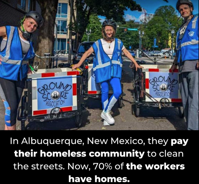 Rainmaker1973's tweet photo. In a groundbreaking social initiative, Albuquerque, New Mexico launched a program that pays homeless individuals to clean streets, parks, and public areas. 

The idea was simple — offers work, dignity, and purpose instead of punishment or pity.

The results were remarkable: over 70% of participants have now secured permanent housing or full-time employment, transforming their lives and communities alike. The city’s “There’s a Better Way” program proves that compassion-driven policies can be more effective than traditional welfare systems.