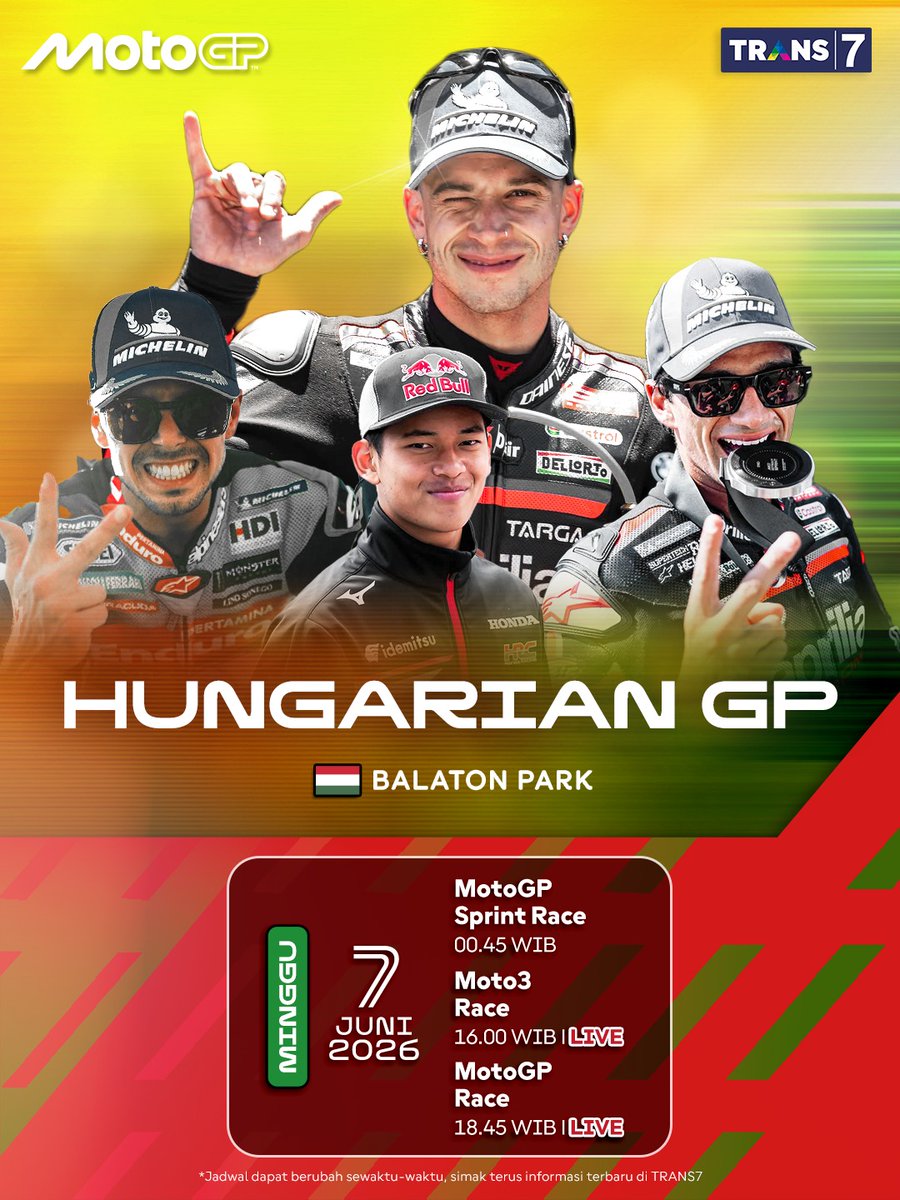 TRANS7's tweet photo. Dengan gap score yang sangat tipis, setiap detik mejadi penting di #HungarianGP 🇭🇺
Always hungry in Hungary 🔥🔥 Pastiin kalian gak melewatkan satu detik pun race #HungarianGP 🇭🇺  #diTRANS7aja 
_
#MotoGP 🏁 #MotoGP2026
#MotoGPTRANS7 https://t.co/haxNvSXHgC