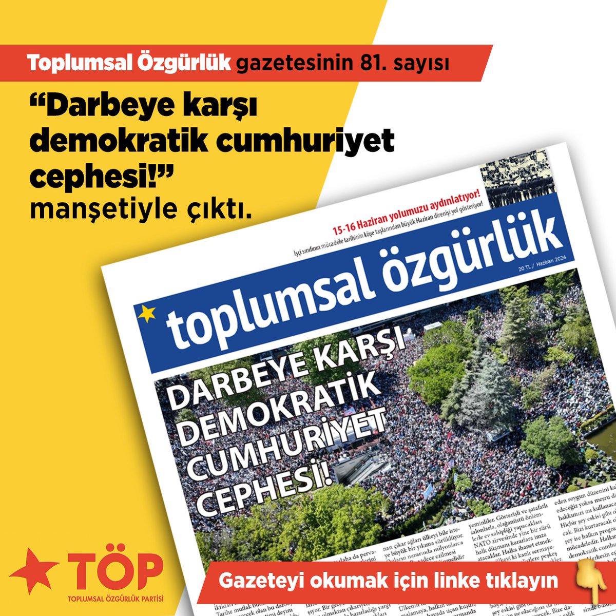 ozgurtoplumsal's tweet photo. Toplumsal Özgürlük Gazetesi'nin Haziran sayısı çıktı.
Gazeteyi parti binalarından edinebilirsiniz.
Yeni sayıyı okumak için tıklayın 👇🏼 
https://t.co/WueDifW9yR https://t.co/iryi0ujdhM