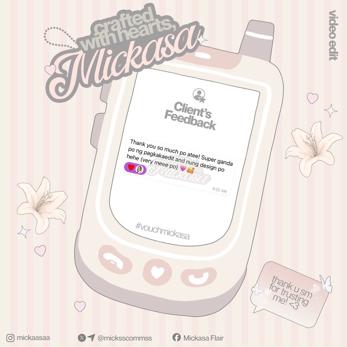 micksscommss's tweet photo. ᝰ.ᐟ 𝗳𝗲𝗲𝗱𝗯𝗮𝗰𝗸 #𝟯𝟯𝟭

[𝘃𝗶𝗱𝗲𝗼 𝗲𝗱𝗶𝘁] ⋆˚࿔

𝘁𝗵𝗮𝗻𝗸 𝘂 𝗳𝗼𝗿 𝗮𝗹𝘄𝗮𝘆𝘀 𝘁𝗿𝘂𝘀𝘁𝗶𝗻𝗴 𝗺𝗲! i believe one of the best ways to win a client’s heart is to make the process feel relatable and genuinely connected to them so i’m glad u noticed it!🥰✨ we are still open for rush and non-rush task. don’t hesitate to send me a dm lovely clients!🫧🦢🤍

#vouchmickasa