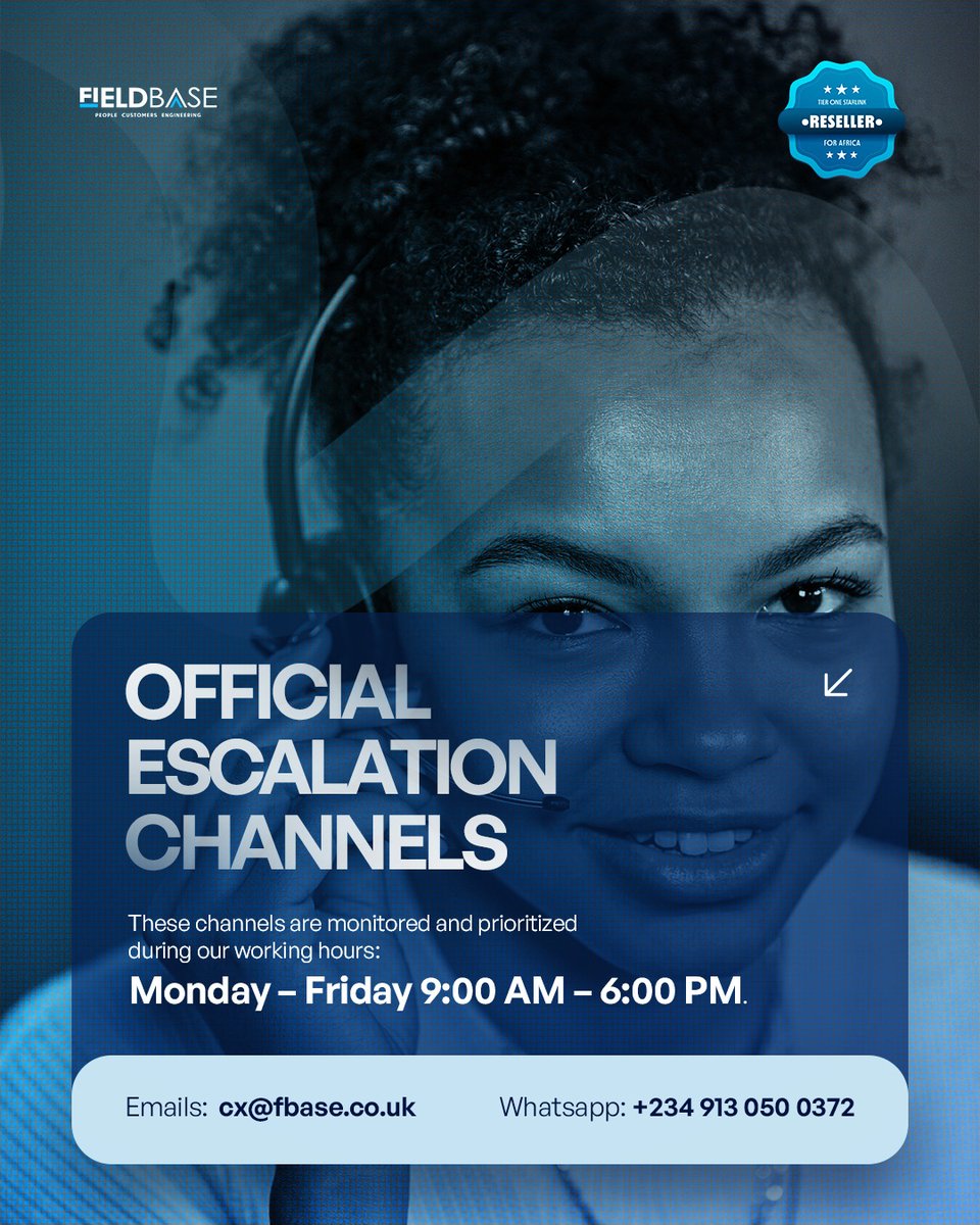 FieldbaseL's tweet photo. We’re here to support you every step of the way.

For urgent requests or escalations, please contact us via our official channels:

WhatsApp: +234 913 0500 372
Email: cx@fbase.co.uk

Our team actively monitors and prioritizes these channels during working hours, Monday to Friday from 9:00 AM to 6:00 PM.

Messages received outside these hours will be addressed as soon as possible.

Thank you for choosing Fieldbase.

#Fieldbase #Starlink