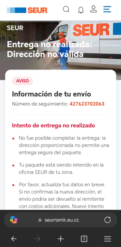 RandomTopicPod's tweet photo. Posiblemente el intento de SCAM más lograda que me he encontrado hasta la fecha
- Un mensaje plausible de SEUR (ejem...)
- Web casi perfecta (sin enlaces)
- Pantallas de carga y transiciones con el logo de SEUR

Acaba pidiendo un pequeño importe.

@policia @SEUR @SEUR_responde https://t.co/jsmjePFUeR
