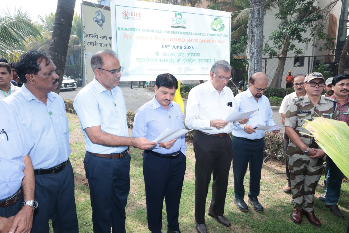 rcfkisanmanch's tweet photo. #RCF-“World Environment Day-2026 with the theme “Climate Action” was celebrated at Trombay unit of Rashtriya Chemicals and Fertilizers Limited on 5th June 2026.
All RCFians pledged to protect the Environment. Tree plantation activity was carried out by Hon. CMD in presence of other Directors and Senior Officials of #RCF.  Worker Unions & Officers' Association representatives also participated in this program.”