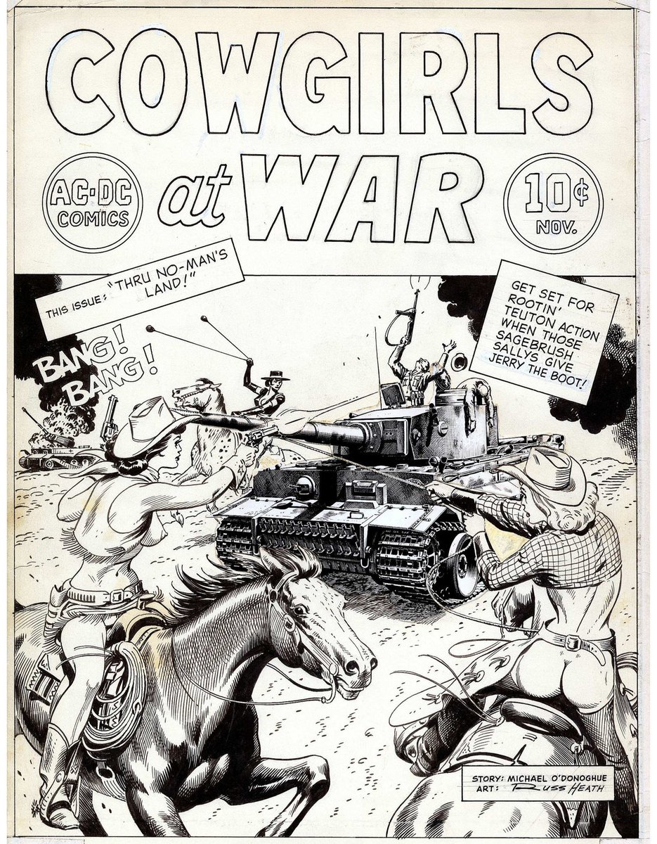 PulpLibrarian's tweet photo. Cowgirls at War, from National Lampoon's 1973 Encyclopedia of Humour. Art by  Russ Heath. https://t.co/G2w3EhnzzW