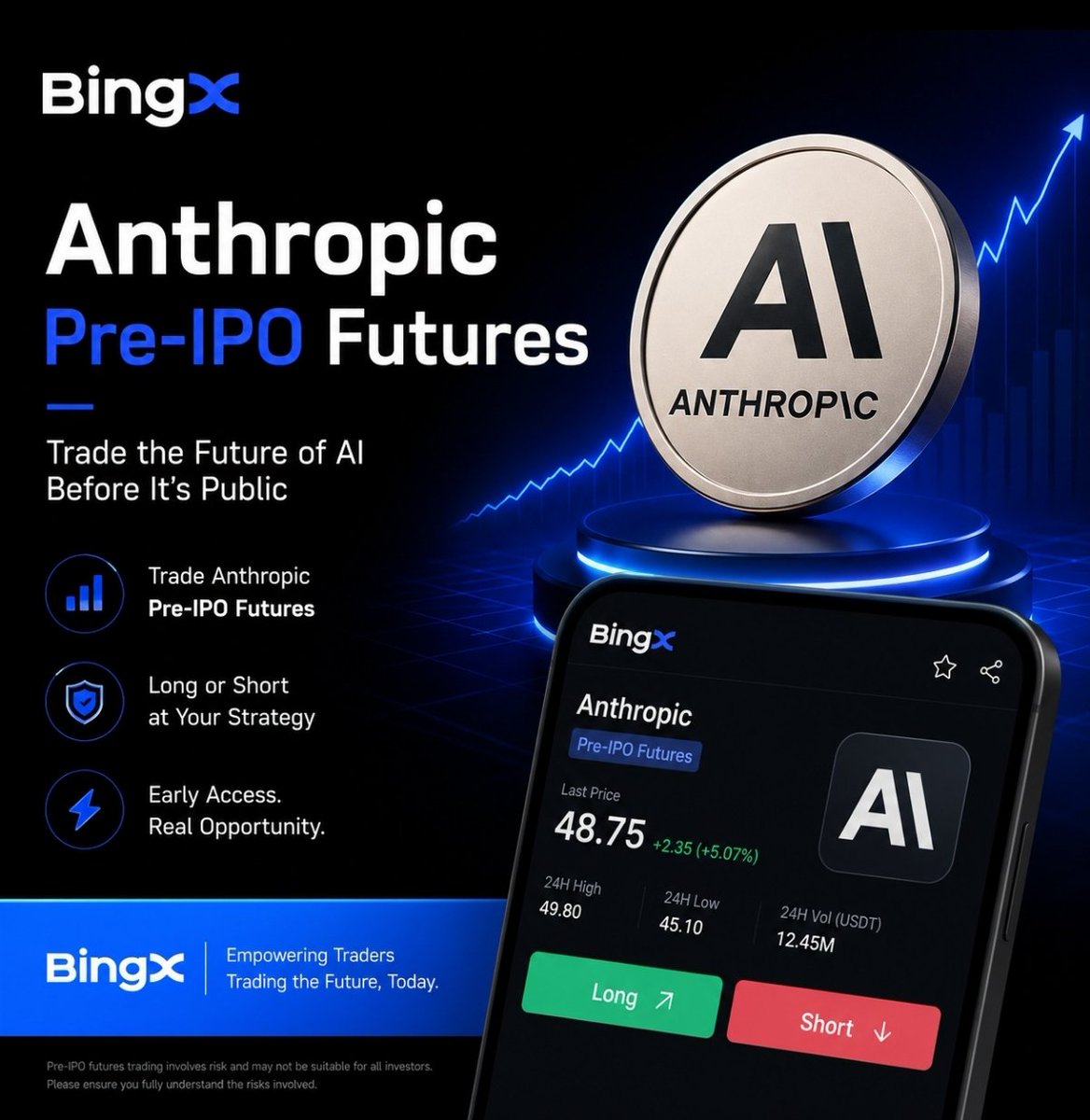 JUSTINCHRIS26's tweet photo. The Anthropic IPO discussion highlights something I've been thinking about lately.

Retail investors used to have one option: wait until IPO day.

Now there are more ways to express a view before public markets open.

Not saying earlier is always better, sometimes patience wins.

But it's interesting how crypto native traders increasingly look at pre-market opportunities first.

I saw that BingX has Anthropic Pre-IPO Futures available already.

Are you positioning early or playing it safe until the IPO arrives?

#sstvi #jonita