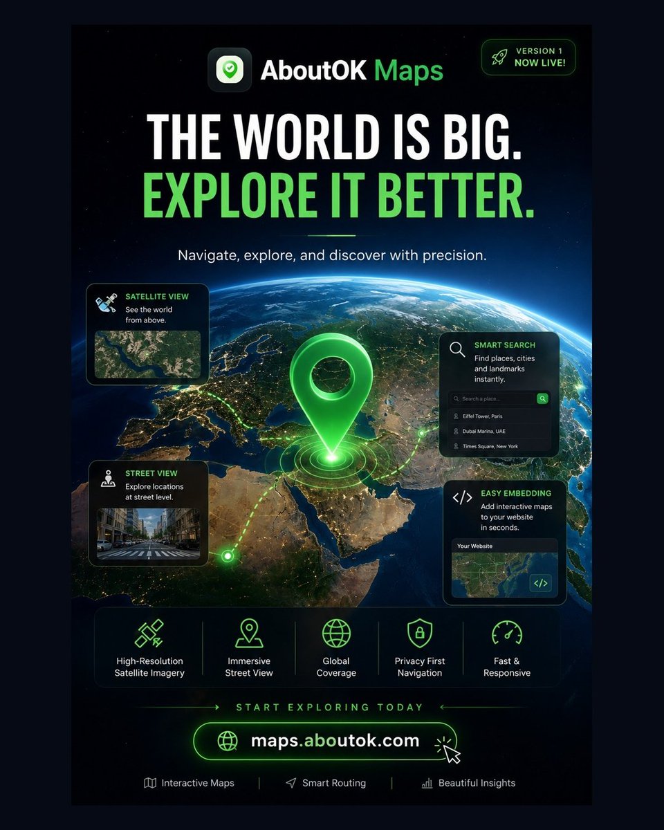 AboutokApp's tweet photo. 🌍 The world is big.

🚀 AboutOK Maps V1 is live.

🛰️ Satellite View
🌍 Street View
📍 Smart Search
⚡ Fast
🔒 Privacy First

Explore better:
https://t.co/VGlgzhtxIT

#AboutOKMaps #GeoTech #Maps https://t.co/EsAcy8bOJI