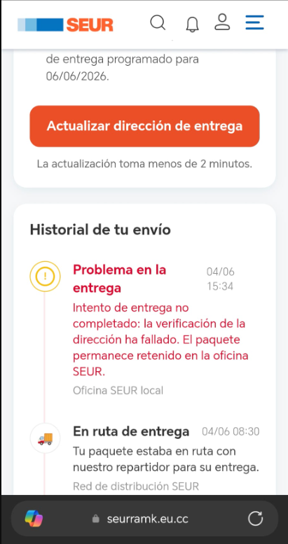 RandomTopicPod's tweet photo. Posiblemente el intento de SCAM más lograda que me he encontrado hasta la fecha
- Un mensaje plausible de SEUR (ejem...)
- Web casi perfecta (sin enlaces)
- Pantallas de carga y transiciones con el logo de SEUR

Acaba pidiendo un pequeño importe.

@policia @SEUR @SEUR_responde https://t.co/jsmjePFUeR
