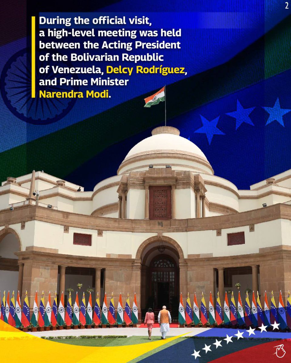 misionven_ue's tweet photo. 📰 #Venezuela and #India consolidate strategic alliance in New Delhi

Venezuelan Acting President Delcy Rodríguez 🇻🇪 &amp; Indian Prime Minister Narendra Modi 🇮🇳 strengthened the bilateral agenda focused on mutual growth.

Read more below ⤵️ https://t.co/yckfqJHJGg