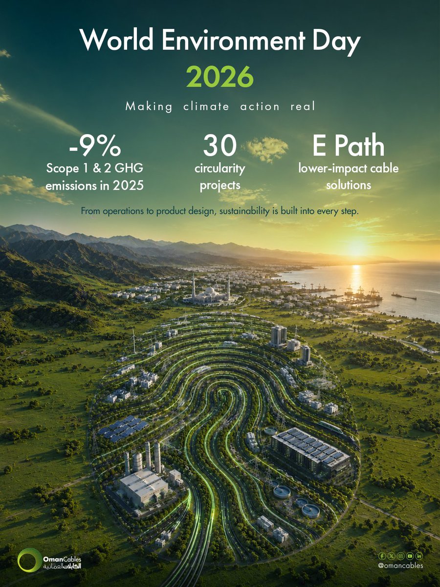 OmanCables's tweet photo. Global electricity demand is expected to grow by more than 3% annually over the next two years. This is a reminder for us today at #WorldEnvironmentDay and every day that sustainability must remain part of how we power the future.

From improving how we work to developing lower‑impact solutions like E Path, we are focused on delivering infrastructure that performs with a lighter footprint and creates long‑term value.

#NowForClimate #TrulyOmani #TrustedGlobally

من المتوقع أن ينمو الطلب العالمي على الكهرباء بأكثر من 3% سنوياً خلال العامين القادمين. ويشكل ذلك تذكيراً لنا اليوم في #اليوم_العالمي_للبيئة، وكل يوم، بأن الاستدامة يجب أن تكون جزءاً أساسياً من مستقبل الطاقة الذي نعمل على بنائه.

ومن خلال تطوير أساليب عملنا و ابتكار حلول منخفضة الأثر مثل E Path، نواصل تركيزنا على تقديم بنية تحتية تجمع بين الأداء العالي وأثر بيئي أخف، مع خلق قيمة مستدامة على المدى الطويل.

#عُمانية_الأصل
#عالمية_الثقة
#العمل_للمناخ_اليوم