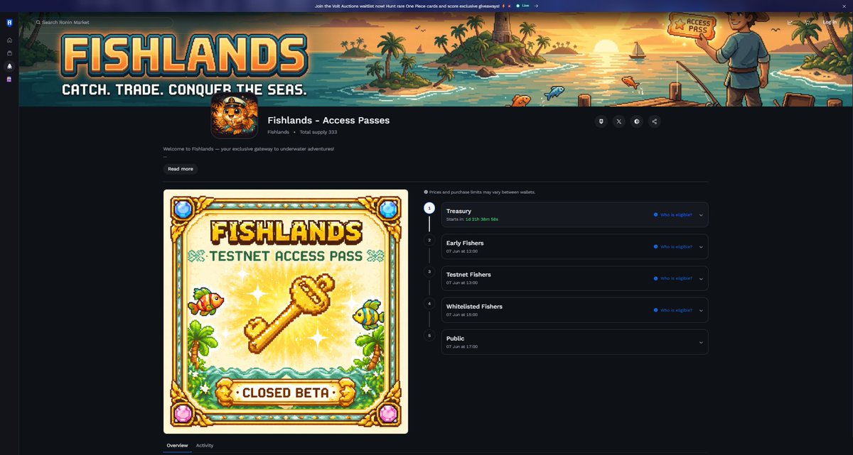 FishlandsP2E's tweet photo. Access Passes Mint — Jun 7 at 9:00 UTC! 🎟️

Free mint (0.00 RON)

Phases: ⏳
- 🌅Early Fishers: 9:00 UTC
- 🧪Testnet Fishers: 10:00 UTC
- 📜Whitelisted Fishers: 11:00 UTC
- 🫂Public: 12:00 UTC

Make sure you're ready with the correct roles!🫡

https://t.co/sVeRbzmvwy https://t.co/bGzauyYVFy