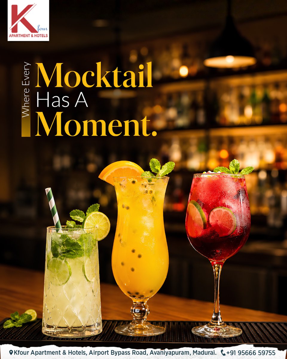 KFourHotel's tweet photo. Where every moment deserves a refreshing sip! 🍹✨ Celebrate the vibrant flavors of our mocktails at Kfour Hotels Madurai  perfect for a relaxing evening or a fun get-together. Cheers to taste without the buzz! 🌿

Book Now👉 https://t.co/XwLDrsQhJv https://t.co/rYjh6mUjeY