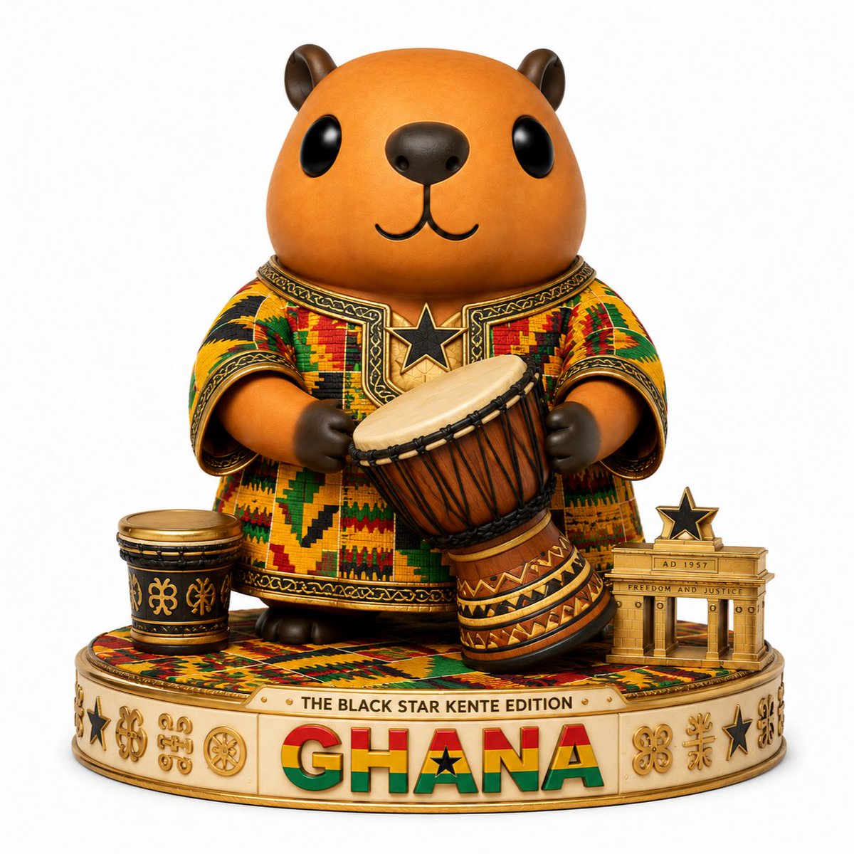 CapyCryptocoin's tweet photo. THE RHYTHM OF THE BLACK STAR. 🇬🇭⭐🥁

Day 47 of #CapyCup2026 continues Group L with Ghana!

The Black Star Kente Edition celebrates the rhythm, pride and cultural brilliance of Ghana. Draped in a vibrant Kente-inspired robe with a bold Black Star at the chest, our Capy holds a traditional drum while standing on a richly patterned base with Adinkra-inspired details and a miniature Independence Arch. A tribute to identity, heritage and the powerful spirit of the Black Stars.

Feel the rhythm: https://t.co/yxunkTZTAy

#CapyCup2026 #Ghana #BlackStars #Kente #Adinkra #IndependenceArch #NFT #Web3 #Polygon #DesignerToys #Capybara #WorldCup #Africa