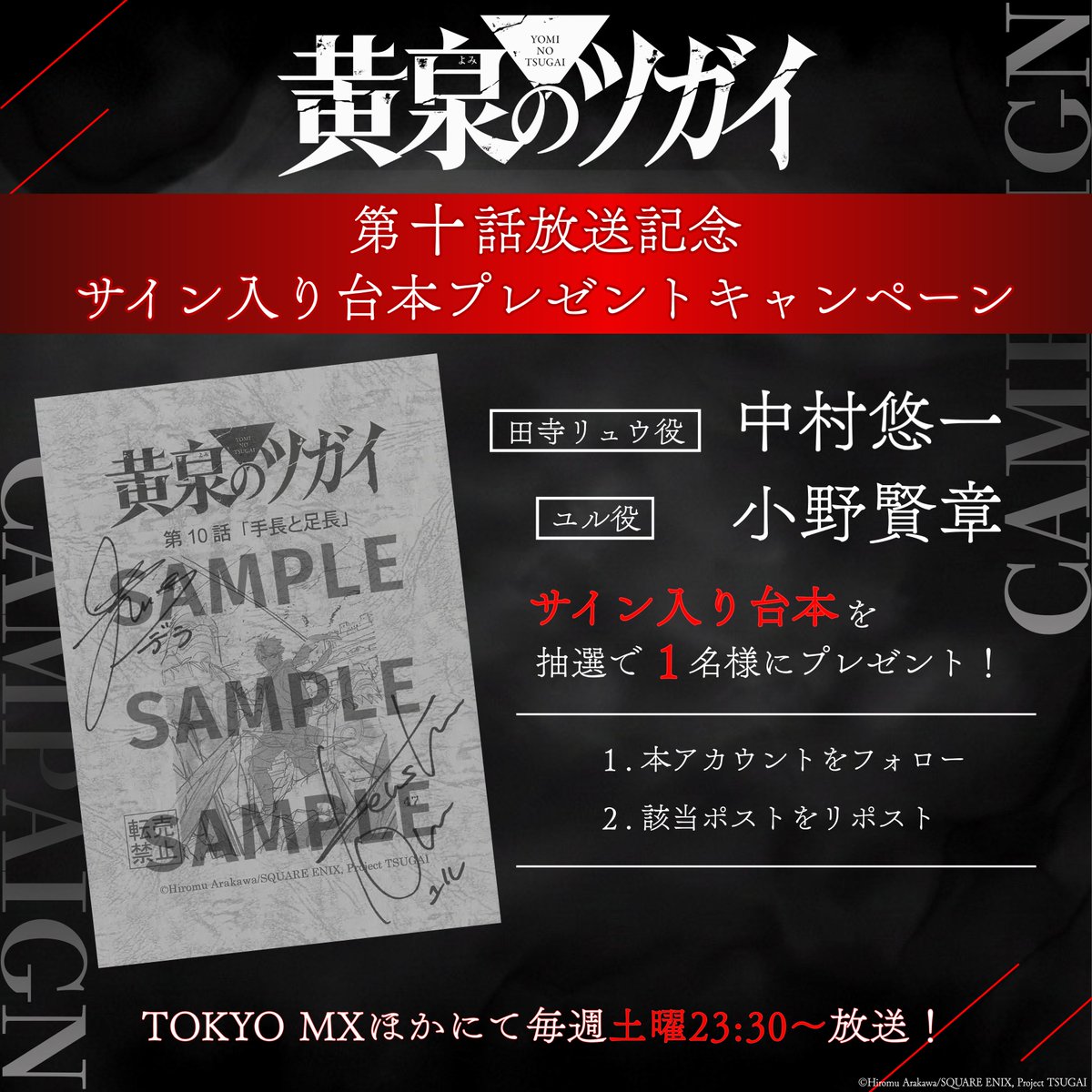 tsugai_official's tweet photo. ◈♢━━━━━━━━━♢◈
           第十話放送記念
    プレゼントキャンペーン
◈♢━━━━━━━━━♢◈

田寺リュウ役 中村悠一
ユル役 小野賢章
台本を1名様にプレゼント！

▼応募条件
公式Xをフォロー＆本投稿をRP

▽応募締切
6月12日(金)23:59まで

#黄泉のツガイ #ヨミツガ https://t.co/ZdgObzVE8A