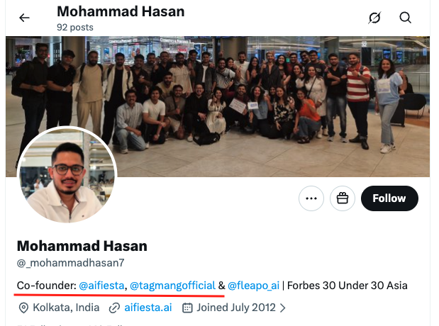 VijayGajeraO's tweet photo. These details must shock you!

Dhruv Rathee has a partner, Mohammad Hasan, in his AI company, AI Fiesta, which is registered in the USA.

AI Fiesta was developed by TagMango, another company of Mohammad Hasan.

It seems that Mohammad Hasan has secured funding from Dubai. https://t.co/andQWxKJ6Q
