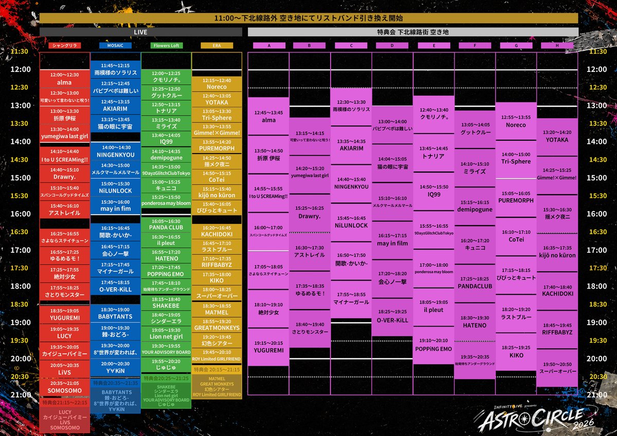 Drawry0920's tweet photo. 【明日イベント】
6月6日(土)@ シャングリラ / Flowers LOFT / ERA / MOSAiC / 下北線路街空き地
INFINITY LIVE presents『ASTRO CIRCLE 2026』
チケット 
・COMPLETE TICKET ¥8,400
（ASTRO CIRCLE 2026 限定オリジナルTシャツ / ASTRO CIRCLE 2026限定 ラバーバンド）
・STANDARD TICKET ¥4,400(各+1D)
※リストバンド交換は10:30〜 下北線路街空き地にて

ライブ 14:40~15:10(シャングリラ)
特典会 15:25~16:25(空き地B)

 ■チケット販売サイト 
https://t.co/zfjG02wLYI
※前売りチケット 明日(6/6)11:00まで