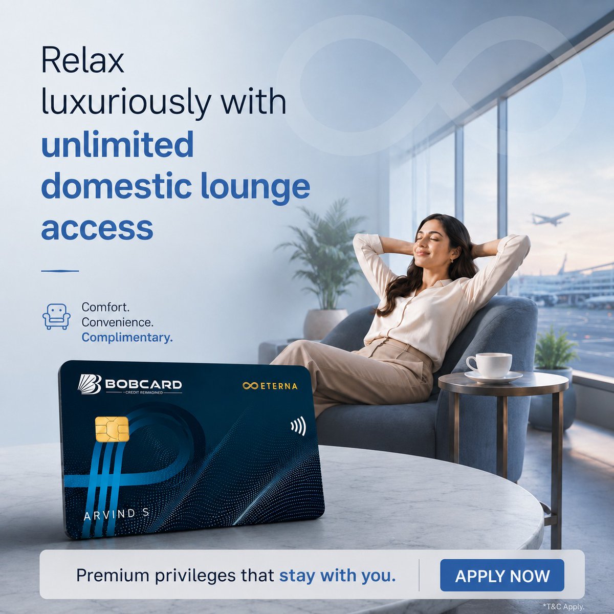 card24_ai's tweet photo. You travel premium but paying lounge fees kills the vibe every time.
Rushing to gates. No place to relax. A card that charges you for comfort.
Not anymore.
BOBCARD ETERNA - unlimited lounge access, 5X rewards, BOGO movies. Zero fees. Lifetime Free..