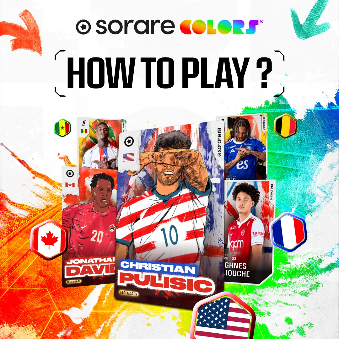 Sorare's tweet photo. 🎨 HOW TO PLAY SORARE COLORS ⚽

1️⃣ Open your FREE Daily Pack
2️⃣ Collect players 
3️⃣ Build your lineup of 5 players
4️⃣ Earn points based on real-life player performances
5️⃣ Reach score targets &amp; unlock rewards

Every card counts. Every match matters ⚽