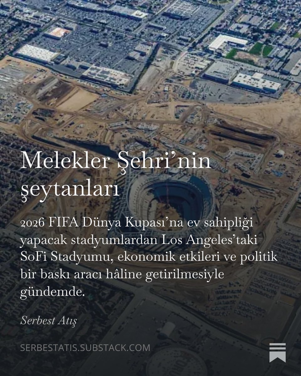 serbestatis_co's tweet photo. 🏆"Los Angeles’taki SoFi Stadyumu, ekonomik etkileri ve politik bir baskı aracı hâline getirilmesiyle gündemde."

@TurRadyosu, Türkiye'nin 2026 FIFA Dünya Kupası'ndaki son grup maçını oynayacağı Los Angeles'taki SoFi Stadyumu'nun kentsel etkilerini yazdı.

https://t.co/9KJv8Cct4N https://t.co/yrYUlU6FFj