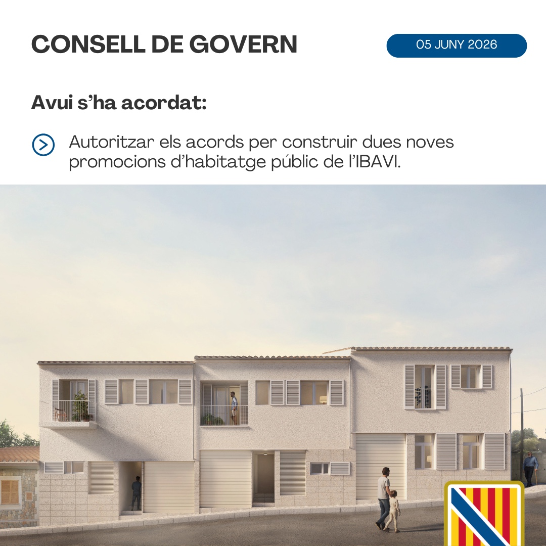 goib's tweet photo. 📢 El Consell de Govern ha autoritzat avui els acords per construir dues noves promocions d'habitatge públic de l'IBAVI.
                                            
➡️ Tota la informació i tots els acords: https://t.co/oNnHPVhYRs https://t.co/Qw7W6NjYGZ
