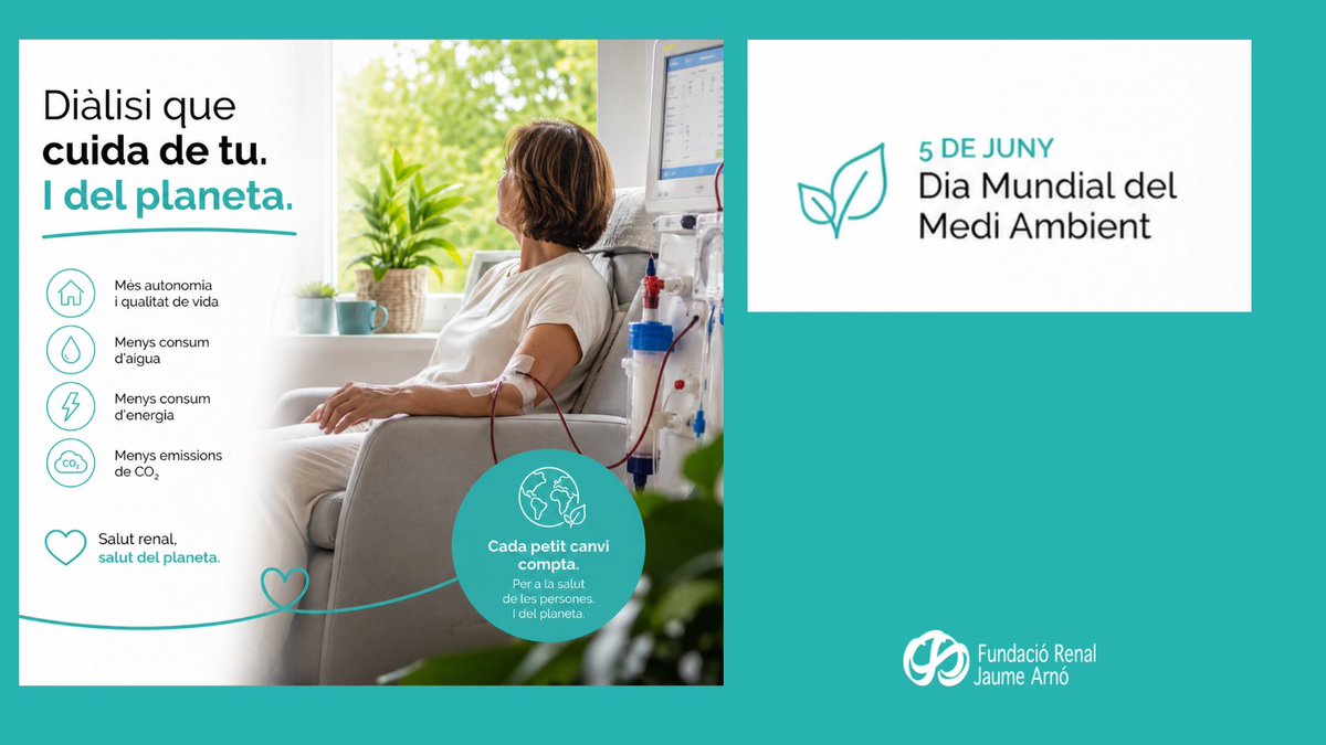 FundacioJArno's tweet photo. 🌍💙 En el #DiaMundialDelMediAmbient recordem que la diàlisi domiciliària pot millorar la qualitat de vida del pacient i reduir l'impacte ambiental.. 🏡♻️
Cuidar les persones i cuidar el planeta poden anar de la mà. 🌎✨ Llegir més 🔎https://t.co/4h3LQ8ZVGE
@hospitalclinic https://t.co/X02HeHsA0R